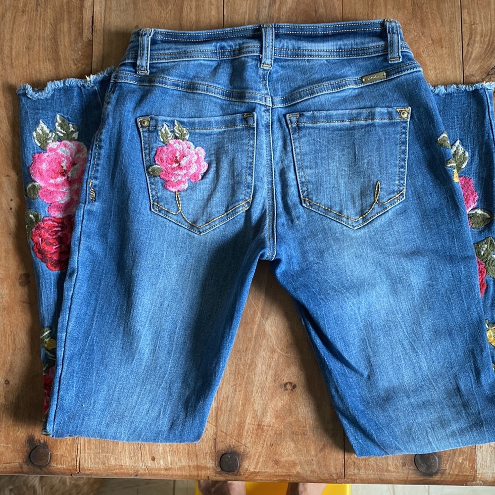 INC International Concepts Blue Skinny Jeans with Red & Pink Floral Embroidery - Picture 6 of 16